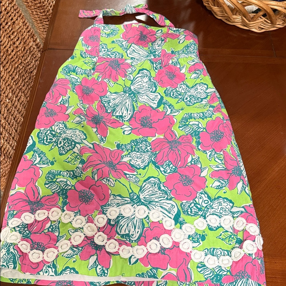 Lilly Pulitzer halter dress girl size 14 pink & green floral lined stretchy back